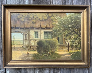 Oil on canvas in original frame.  Overgrown cottage with chickens. Circa early 1900's